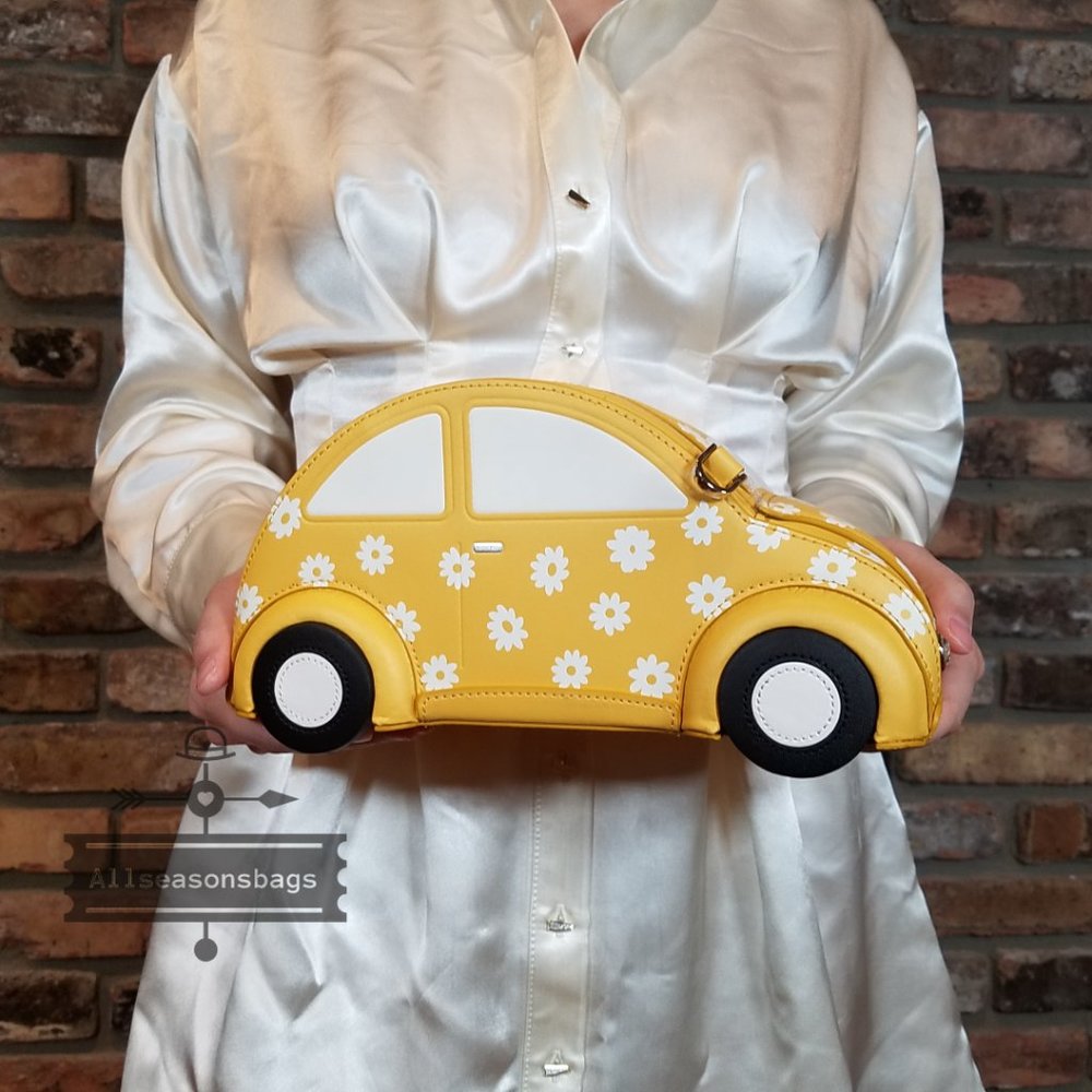 AUTHENTIC Beetle Kate Spade beep beep car crossbody bag yellow multi white NWT - Picture 2 of 12